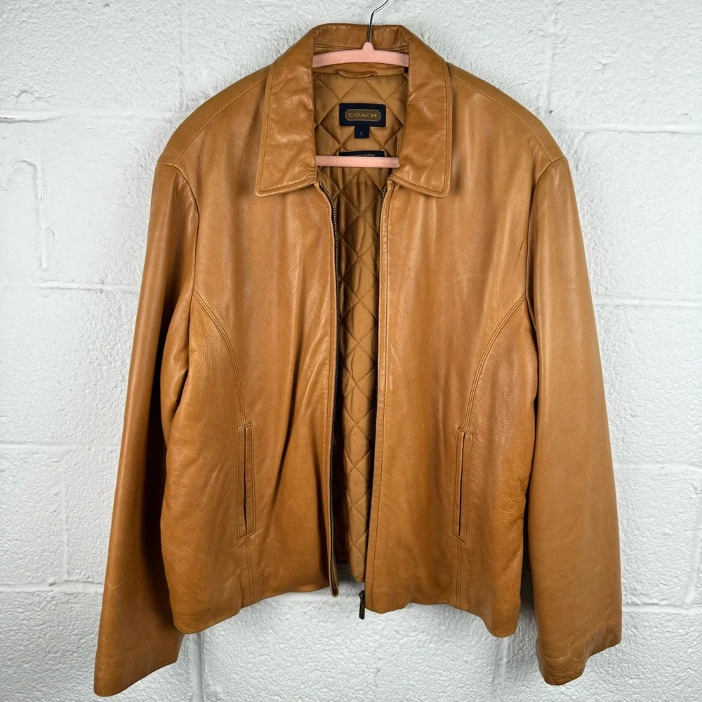 Coach Genuine Leather Jacket Tan Brown Quilted Lined Zip Front Size L